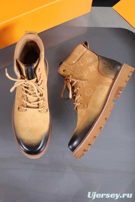 2024 Men Louis Vuitton Beige Black Leather Canvas Boots MJ00470