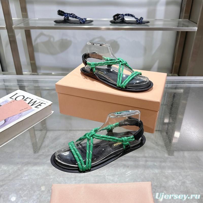 2025 Women Miu Miu Green Black Rope Leather Sandals