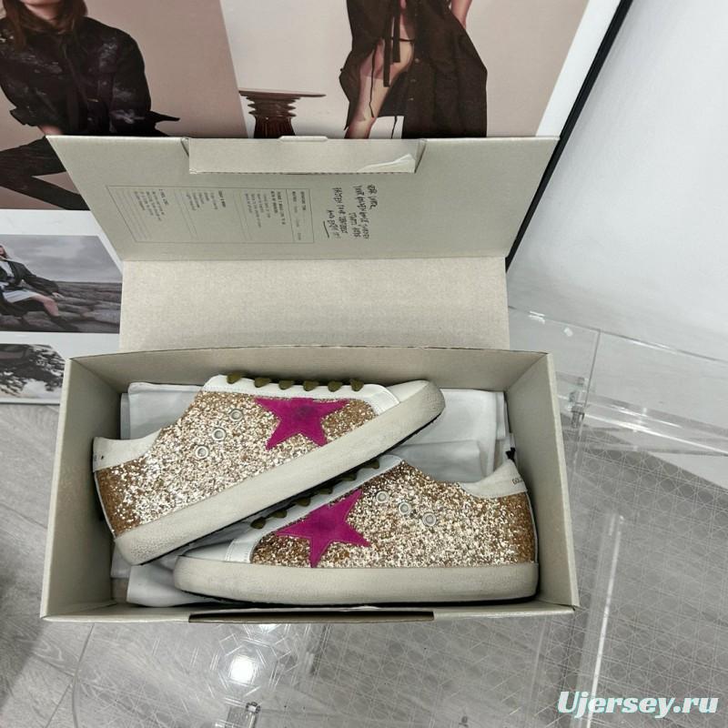2025 Women GGDB White Gold Pink Glitter Leather Sneakers