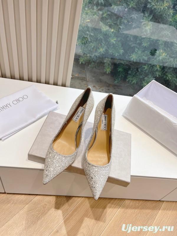 2025 Women Jimmy Choo Silver Glitter Leather Pointed Toe Pumps KFY00280