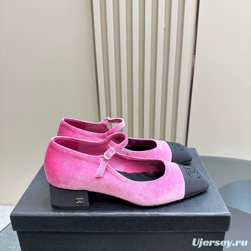 2025 Women Chanel Pink Black Velvet Mary Jane Shoes