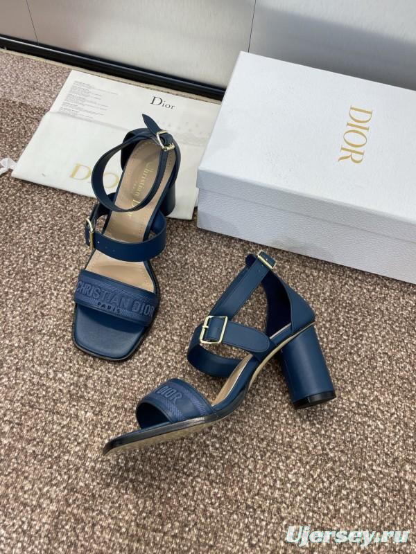 2025 Women Dior Navy Blue Leather Sandals Ankle Strap KFY00310