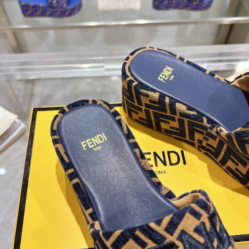 2025 Slippers Fendi Blue Brown Canvas Platform FF Jacquard KFY00240