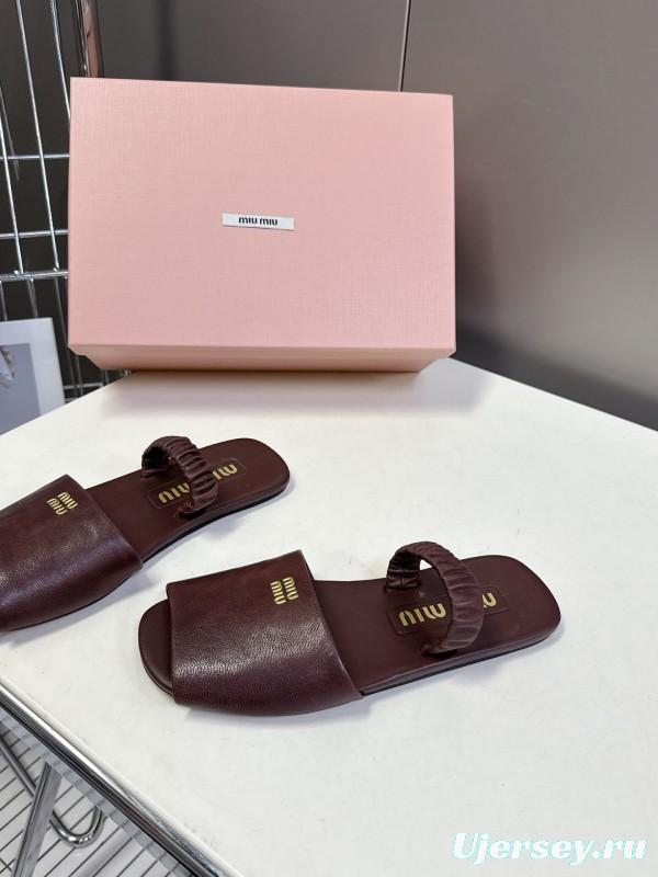 2025 Slippers Miu Miu Brown Leather Slippers LY00