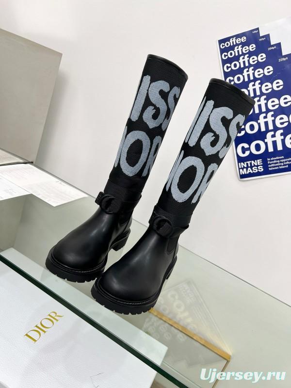 2024 Women Dior black leather knit fabric boots MJ00350