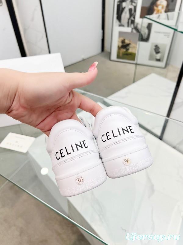 2025 Women Celine White Leather Sneakers Block Triomphe KFY00260
