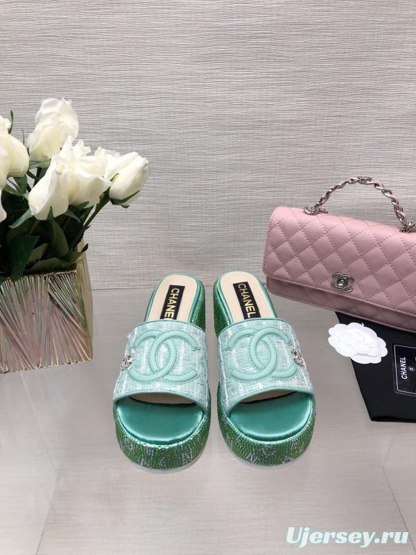 2025 Women Chanel Green Turquoise Tweed Platform Slippers LY00320
