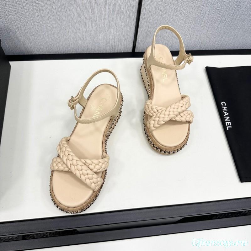 2025 Women Chanel Beige Leather Wedge Sandals