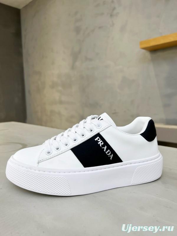 2024 Unisex Prada White Black Silk Calfskin Leather Sneakers MJ00310