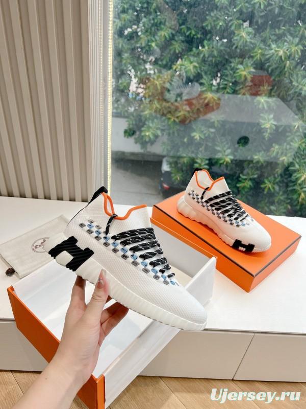 2024 Unisex Hermès White Black Orange Calf Suede Sneakers MJ00290
