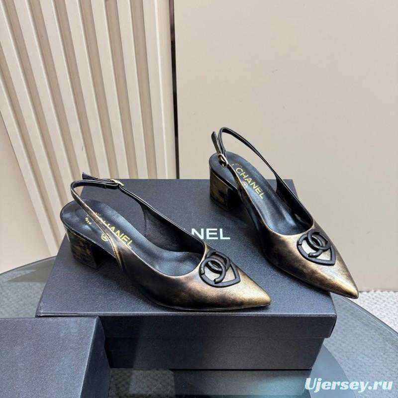 2025 Women Chanel Gold Black Leather Slingback Heel