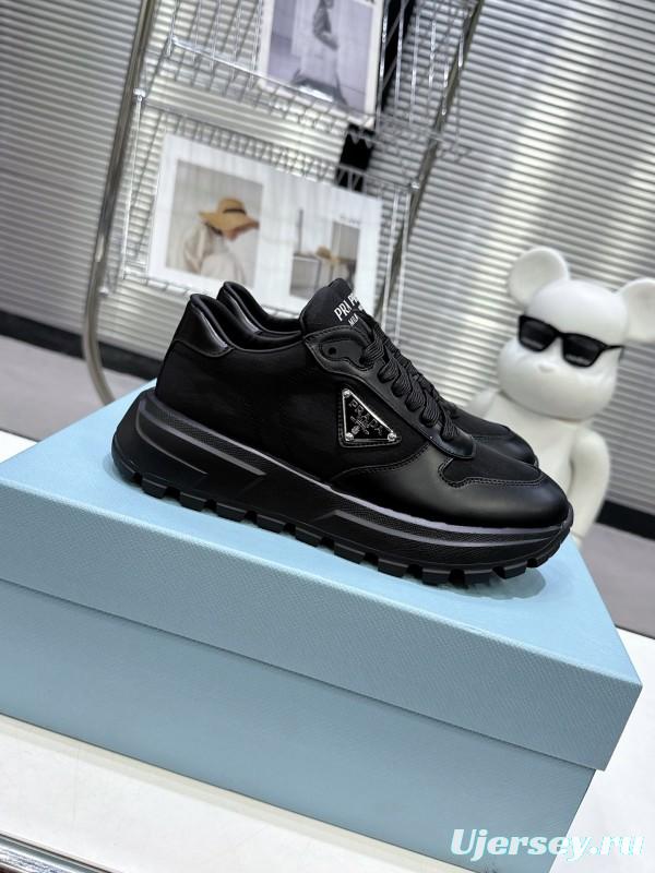 2025 Unisex Prada Black Leather Nylon Sneakers