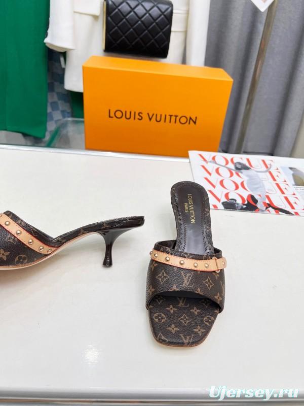 2025 Women Louis Vuitton Brown Leather Kitten Heel Mules LY00260