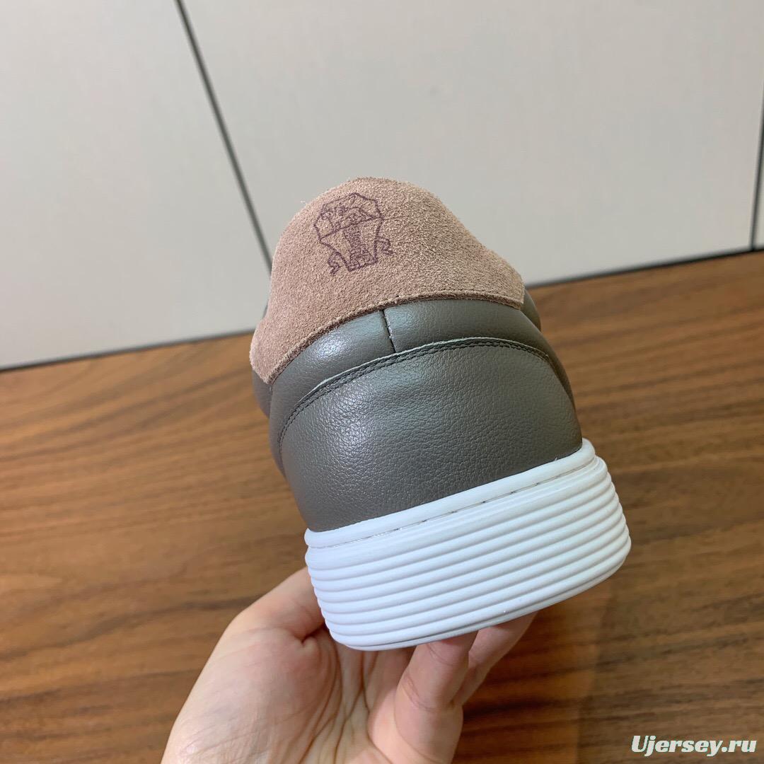 2025 Men Brunello Cucinelli Gray Leather Casual Sneakers Handmade Smooth Finish KFY00310 (M)