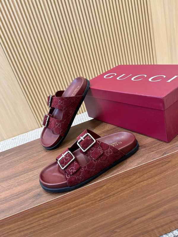 2025 Women Gucci Red Suede Leather Sandals Double Buckle LY00260