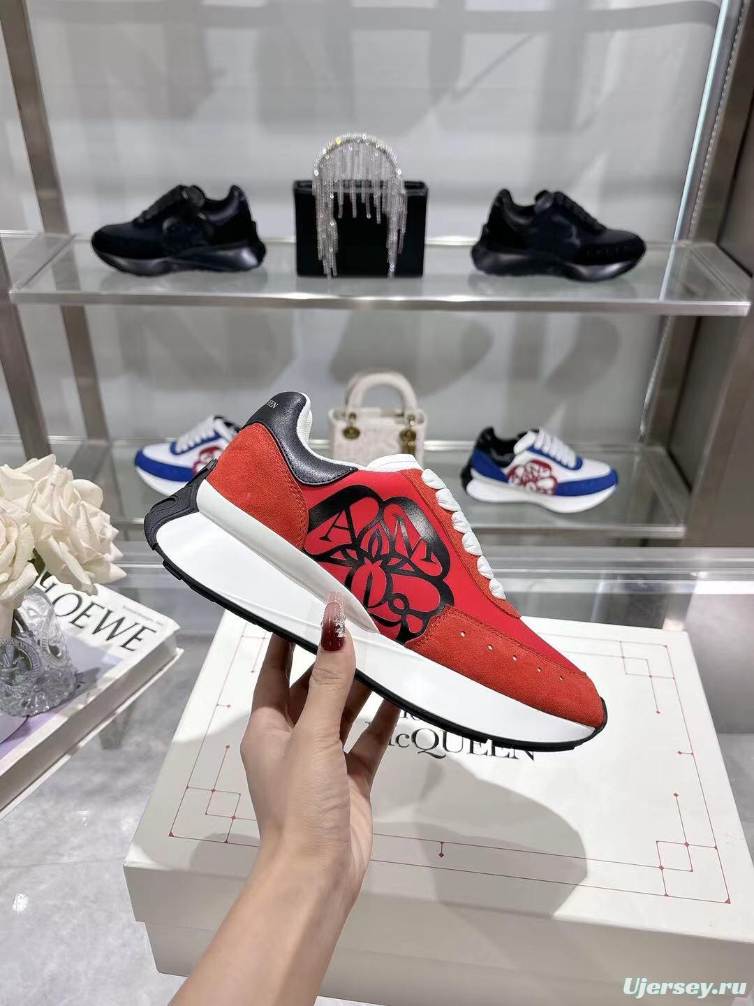 2025 Women Alexander McQueen Red Black Leather Suede Sneakers LY00340