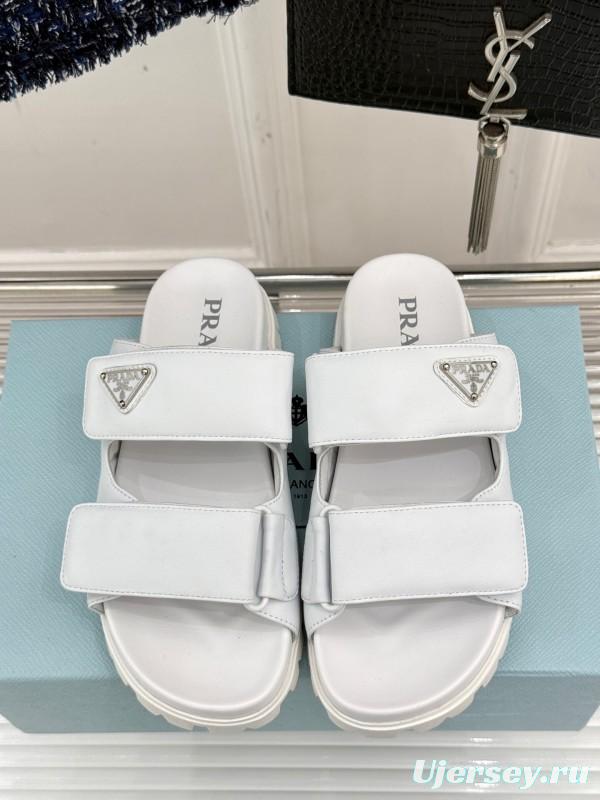 2025 Women Prada White Leather Slippers KFY00240