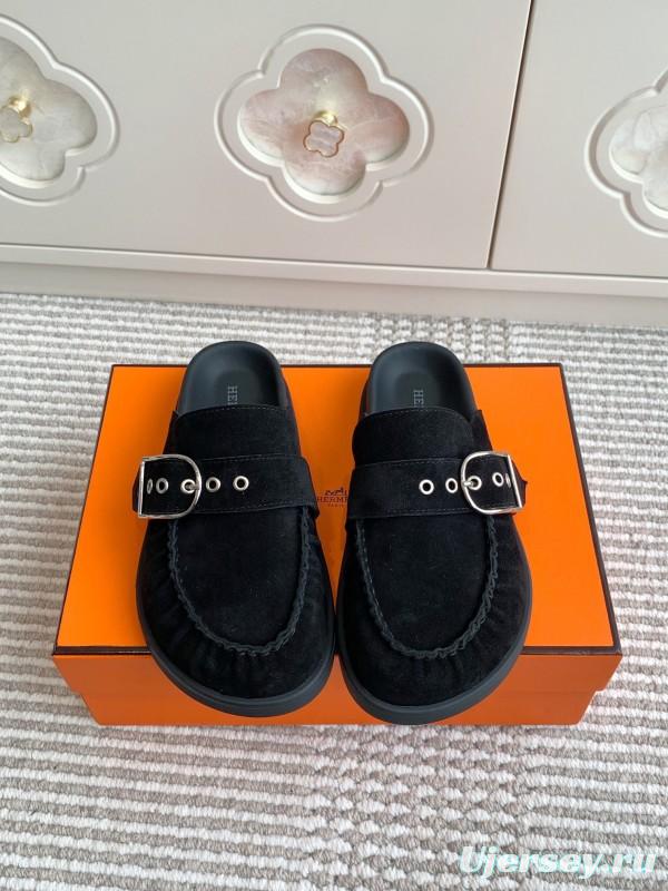 2025 Women Hermès Black Suede Mule Shoes Buckle KFY00290