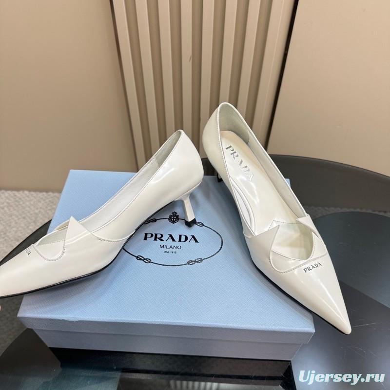 2025 Women Prada White Leather Pointed Toe Kitten Heel Pumps KFY00310