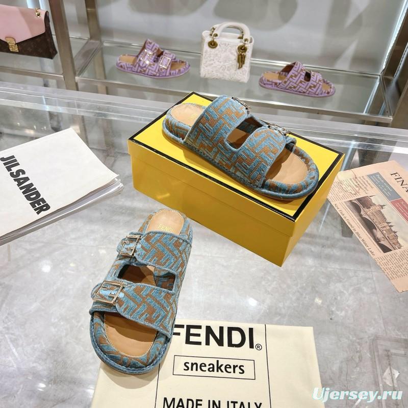 2025 Fendi Blue Beige Fabric Leather Slippers KFY00250
