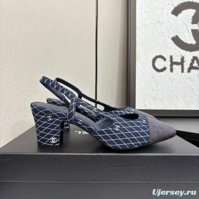 2025 Women Chanel Blue Grey Denim Leather Slingback LY00240