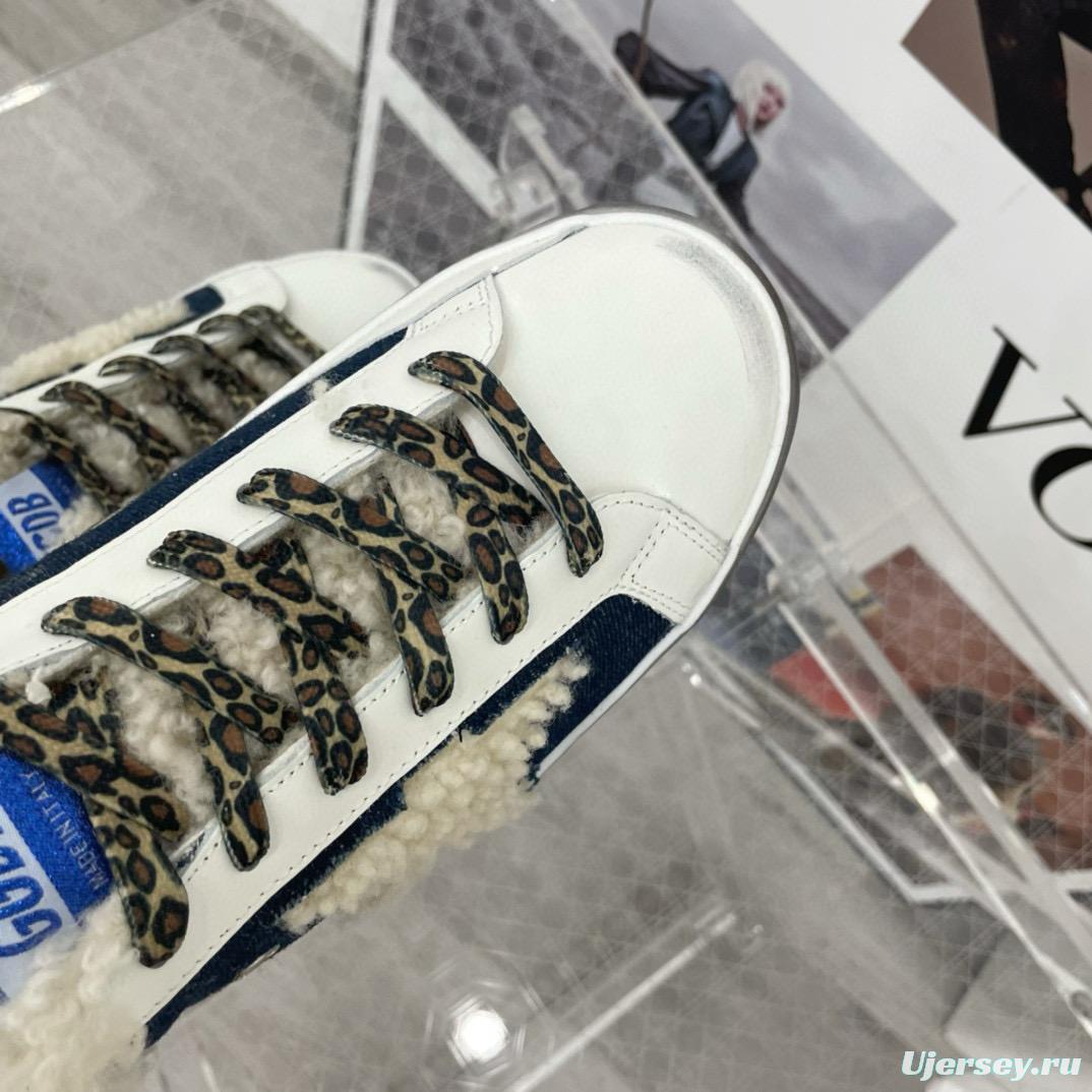 2025 Women GGDB White Navy Blue Leather Shearling Sneakers