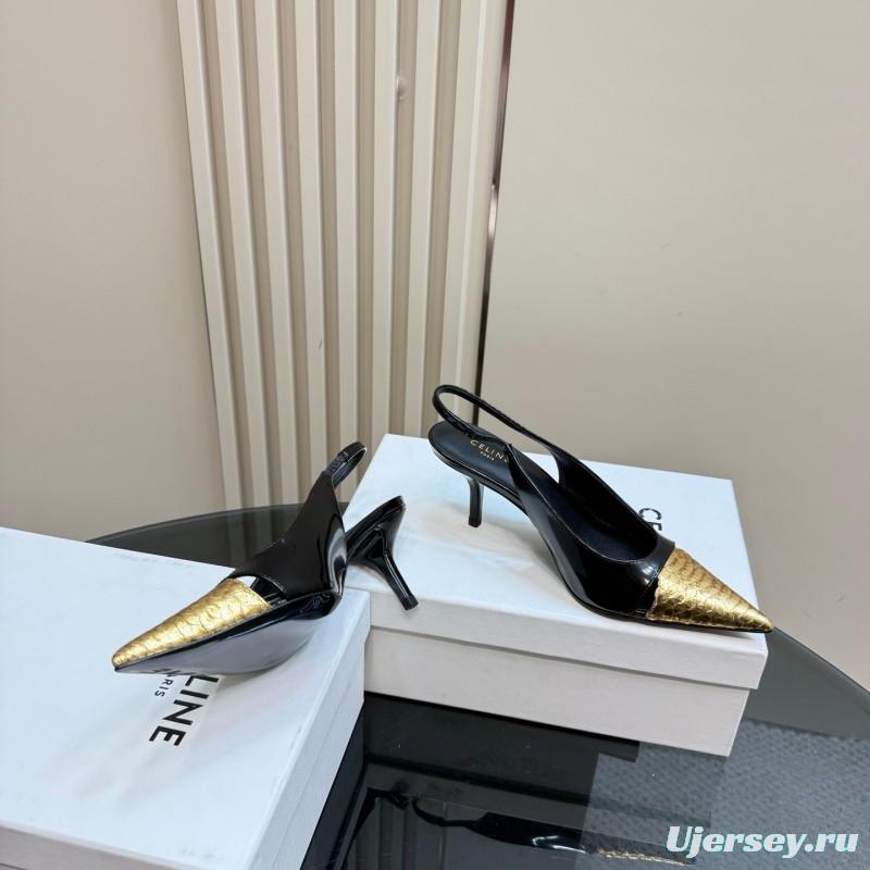 2025 Women CELINE Black Gold Leather Slingback Heels
