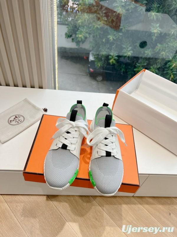 2024 Unisex Hermès White Green Calfskin Suede Sneakers MJ00290