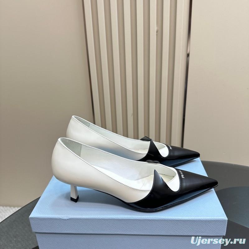 2025 Women Prada Black White Leather Heels KFY00310