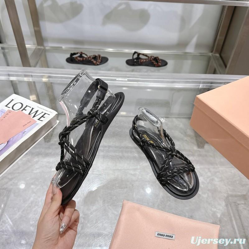 2025 Women Miu Miu Black Leather Rope Sandals