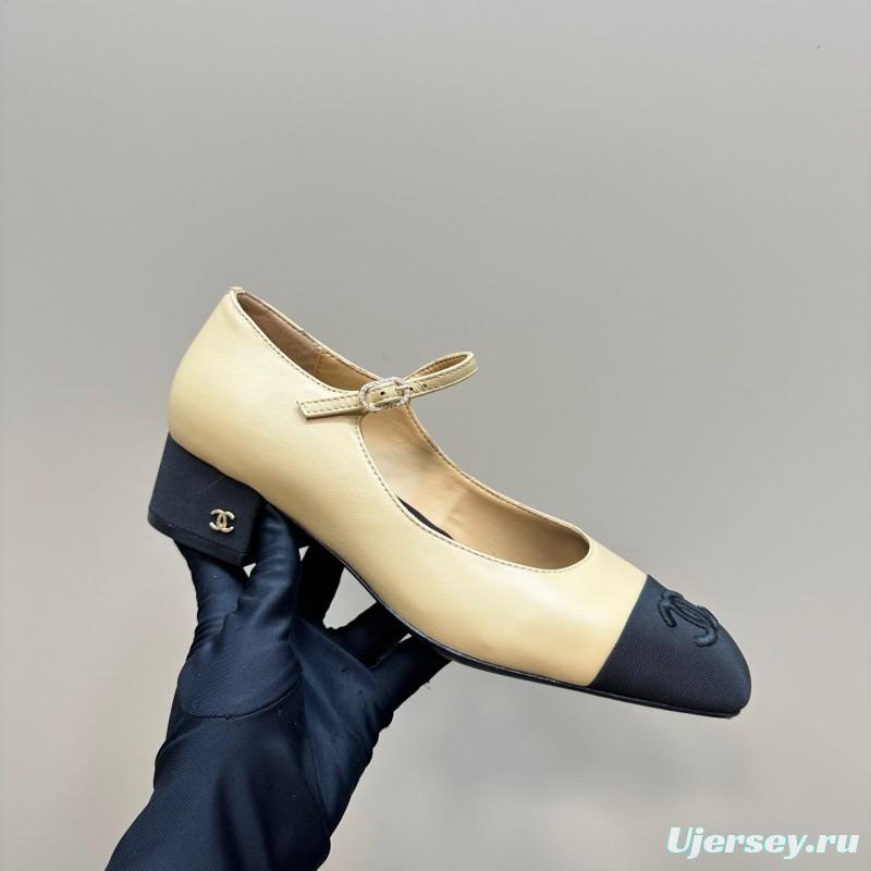 2025 Women Chanel Beige Black Leather Mary Jane Shoes KFY00290