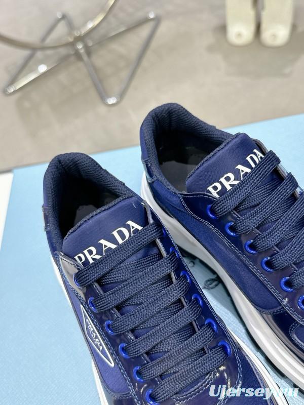 2025 Women Prada Blue Leather Sneakers KFY00310
