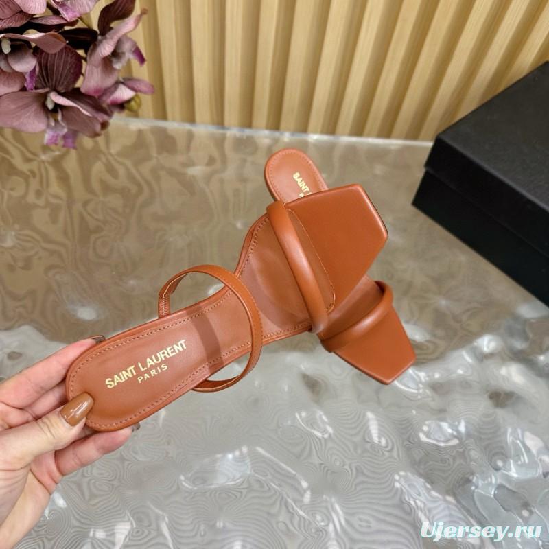 2025 Women Yves Saint Laurent Brown Leather High Heel Sandals Metal Logo MJ00310