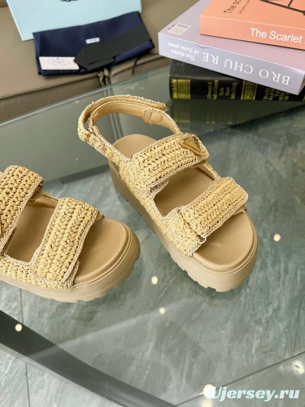 2025 Women Prada Beige Braided Leather Platform Sandals LY00300