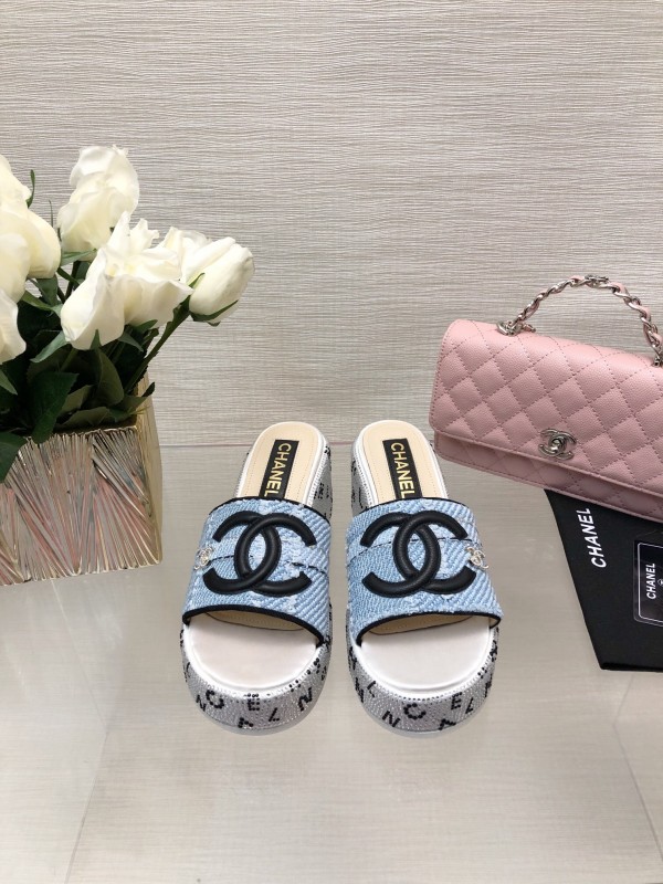 2025 Women Chanel Blue Denim Canvas Slippers LY00320
