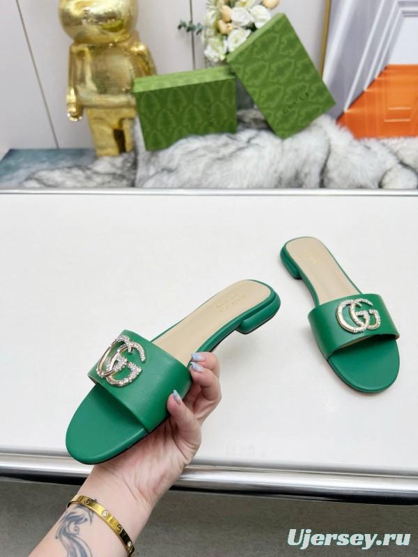 2025 Women Gucci Green Leather Flat Heel Slippers Double G Buckle MJ00190