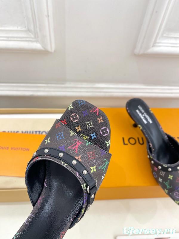 2025 Women Louis Vuitton Black Rainbow Leather Slippers KFY00290
