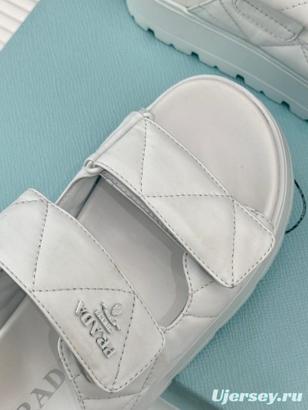 2025 Slippers Prada White Leather Quilted Velcro Strap KFY00250