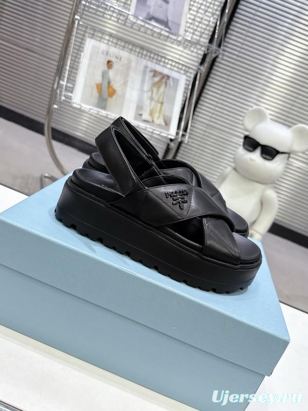 2025 Women Prada Black Leather Sandals