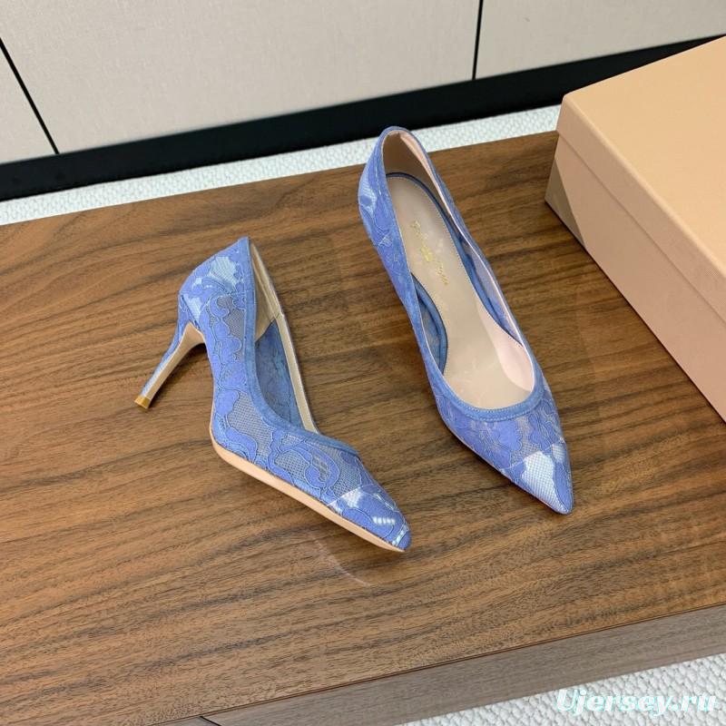 2025 Women Gianvito Rossi Blue Lace Leather Pumps