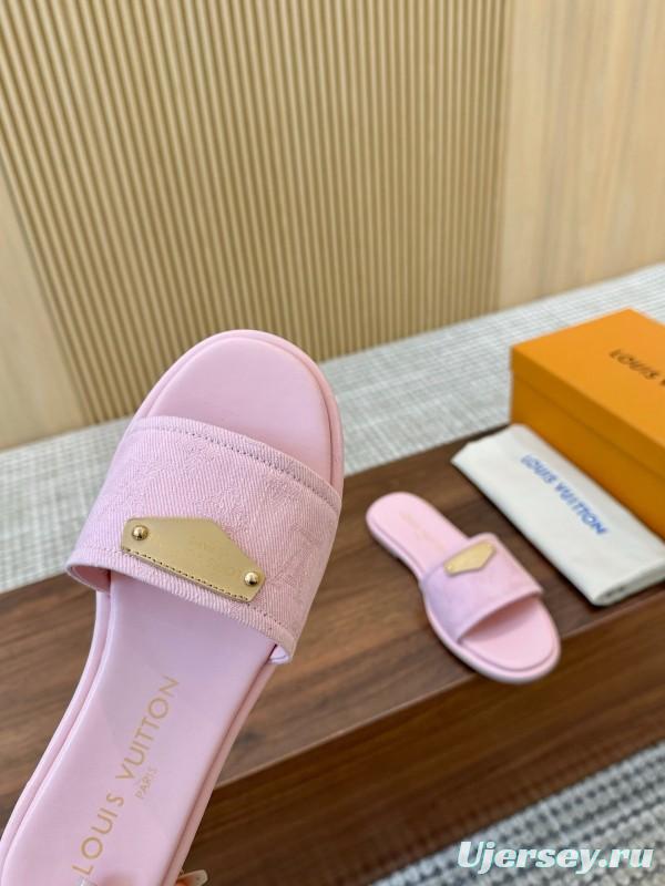 2025 Women Louis Vuitton Pink Leather Slippers LY00220