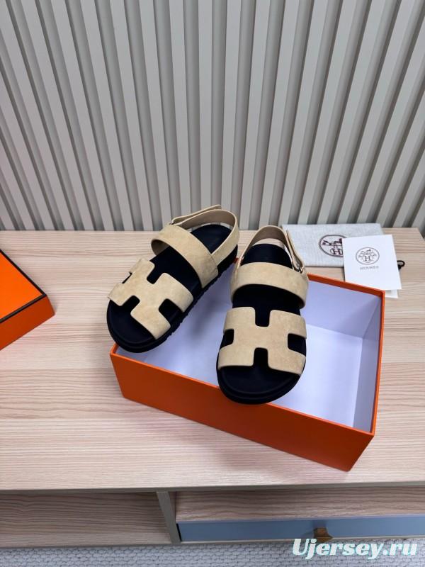 2025 Slippers Hermès Beige Black Suede Leather Sandals