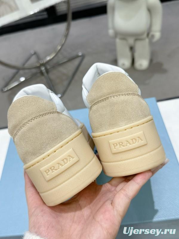 2025 Women Prada White Beige Leather Suede Sneakers
