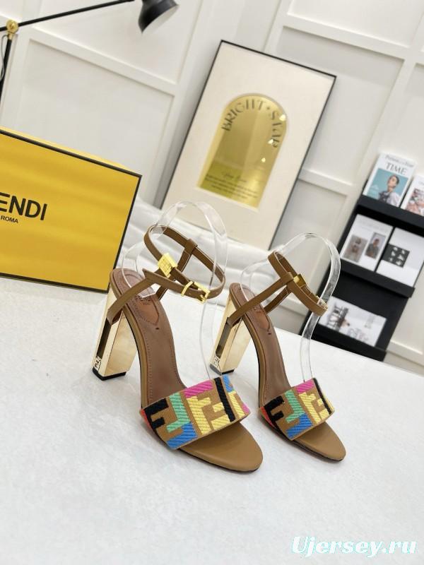 2025 Women Fendi Brown Multicolor Leather High Heel Sandals MJ00280