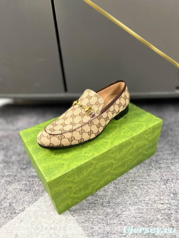 2024 Men Gucci Beige Brown Canvas Leather Loafer