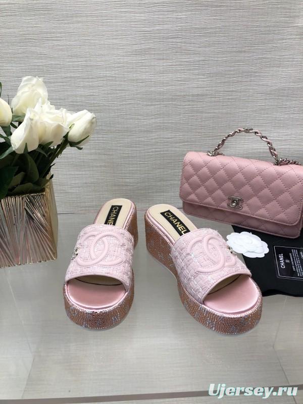 2025 Women Chanel Pink Tweed Platform Slippers LY00320