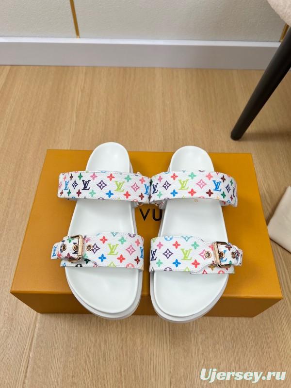 2025 Women Louis Vuitton White Multicolor Canvas Slippers KFY00280
