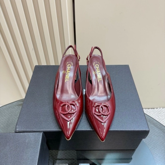 2025 Women Chanel Burgundy Patent Leather Slingback Pumps