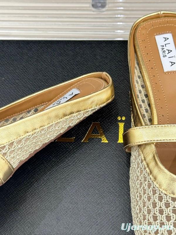 2025 Slippers AlAIA Gold Mesh Leather Slippers