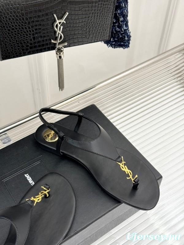 2025 Women Yves Saint Laurent Black Leather Sandals KFY00270